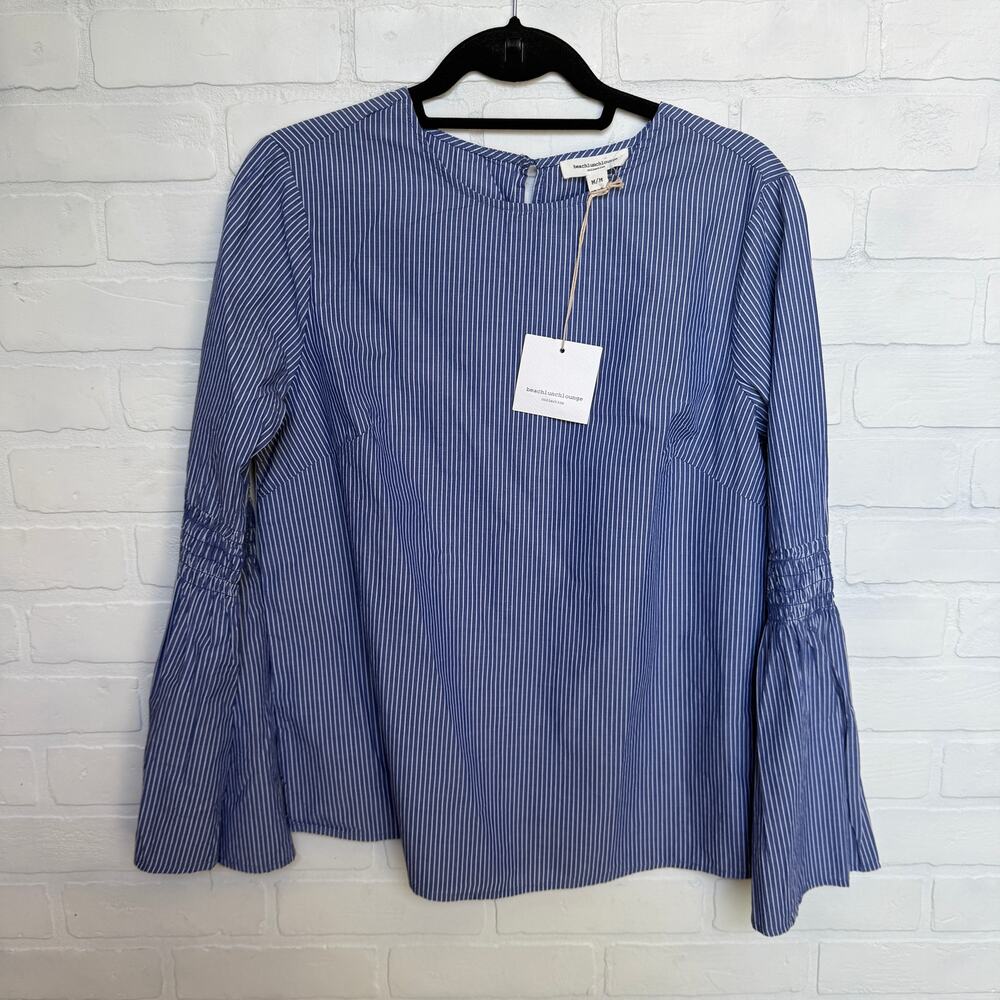 BeachLunchLounge NWT Blue White Pinstripe Long Bell Sleeve Cotton Top sz M